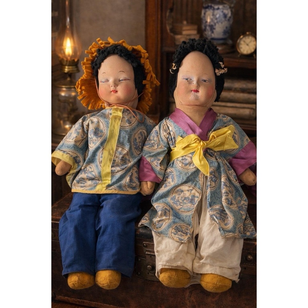 Vintage Asian Cloth Dolls Pair 19" Japanese Style Handmade Clothing Folk‎ Art